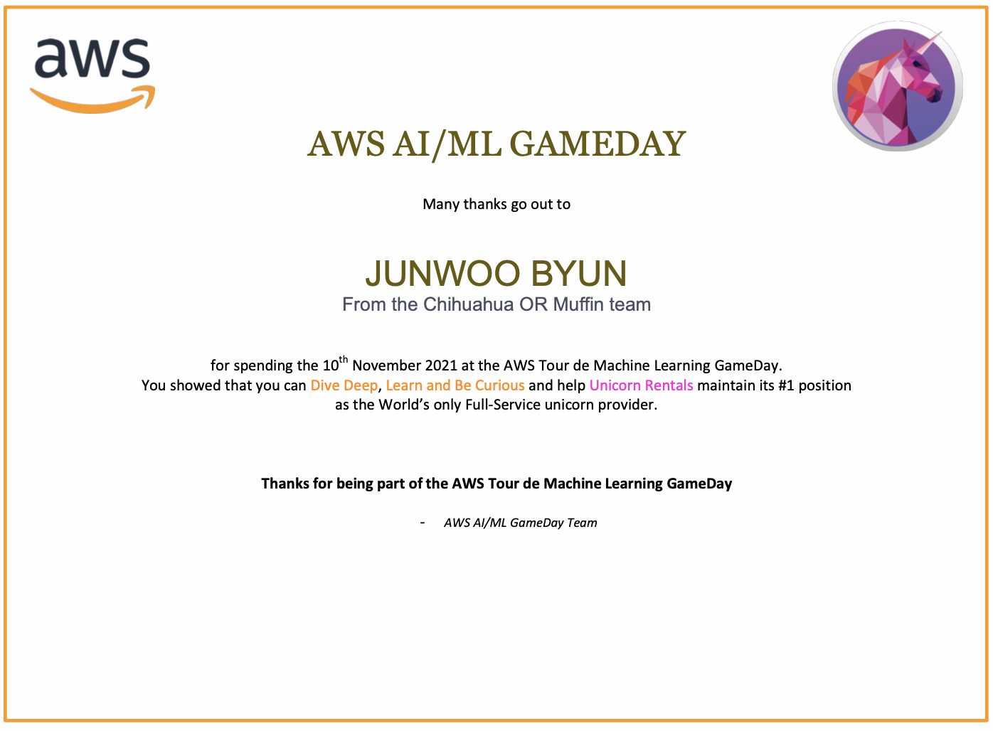 AWS Gameday ASEAN 대회는 1등 인증서도 발급해 주었습니다 🙂